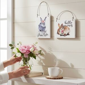 Hobby Lobby Bunny Wall Decor 2pc Set “Happy Easter” & “Hello Spring” NWT
